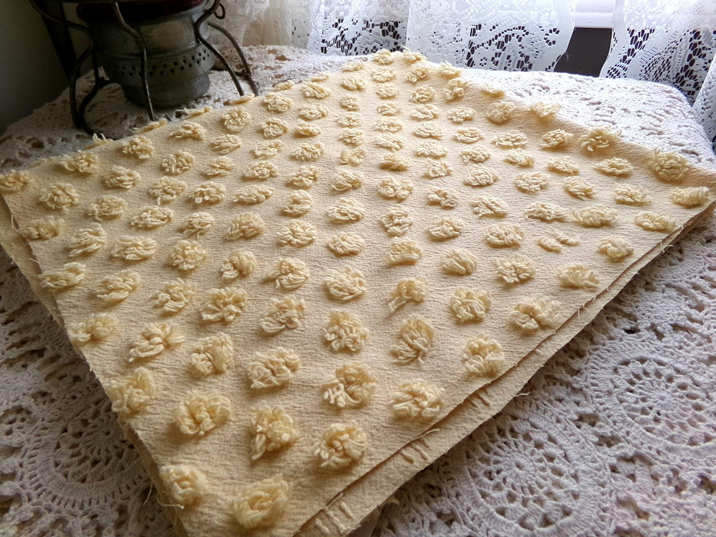 puffy gold pops vintage chenille fabric, boho style sewing material for handmade chenille quilts & crafts, 20" x 24" piece