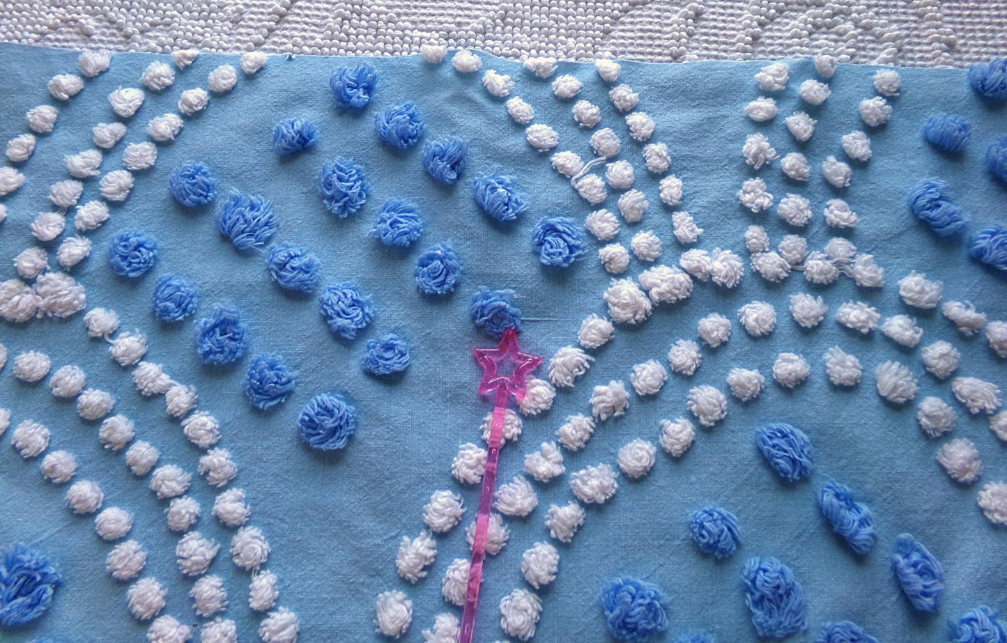 mermaid tails vintage chenille fabric, 25" x 24" inch piece in beautiful blue & white scallop pops design