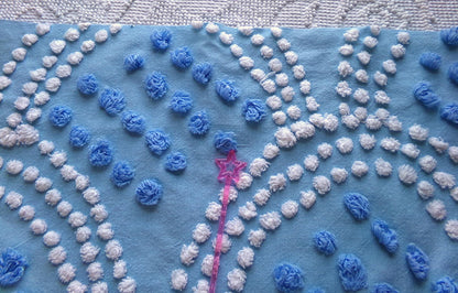 mermaid tails vintage chenille fabric, 25" x 24" inch piece in beautiful blue & white scallop pops design