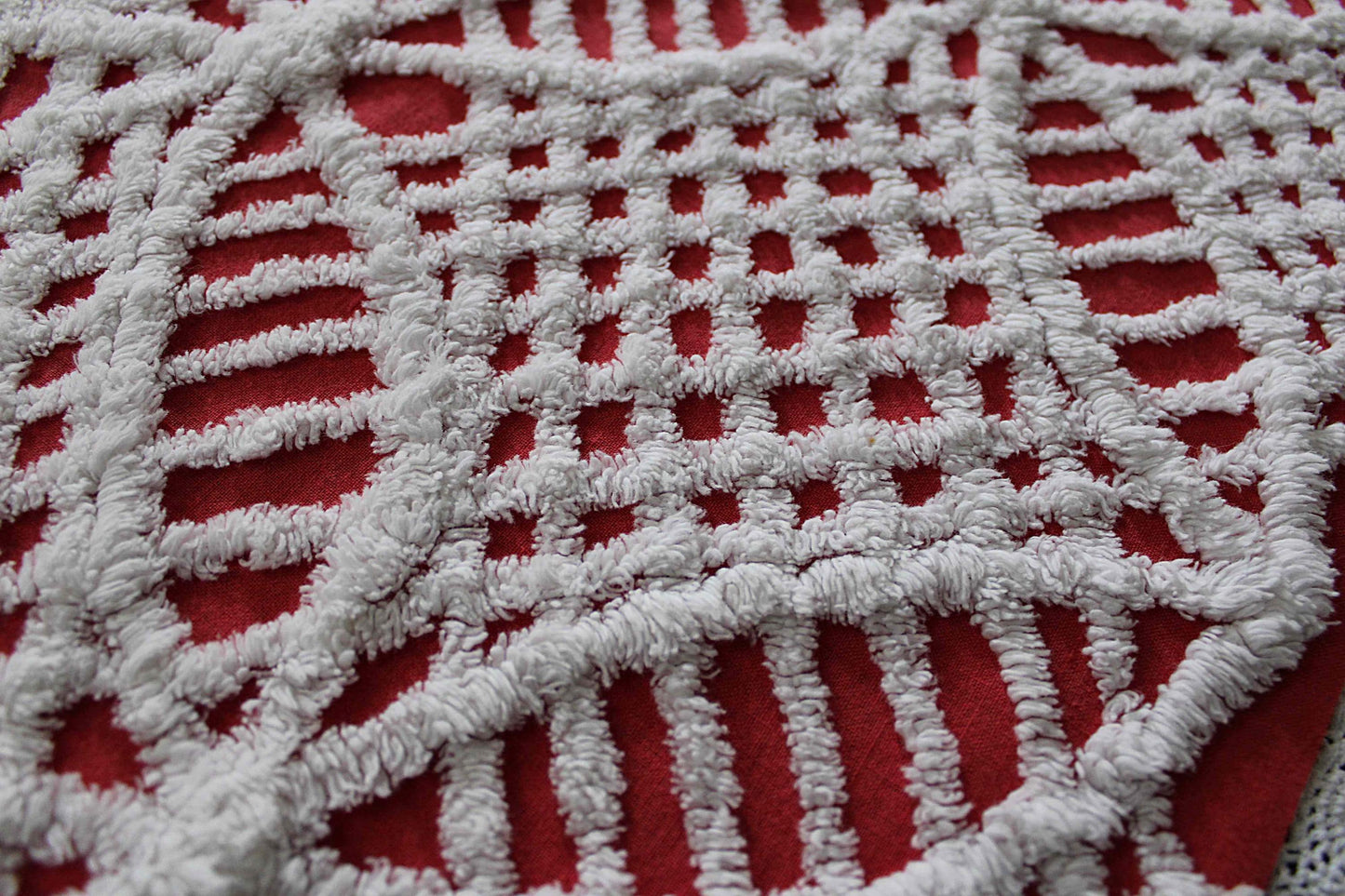 red & white chenille fabric, fun festive wedding rings, 19" x 27" inch piece, 100% lightweight cotton, great for vintage Christmas stockings