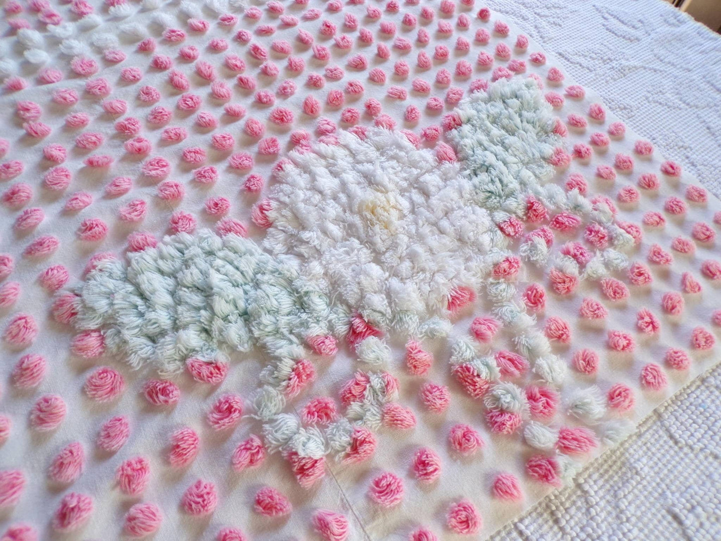Angelic White Lily Cupcake Pink Pops Handtufted Vintage Chenille Fabric, 21" x 28" inch antique piece, Beautiful in DIY Pillows