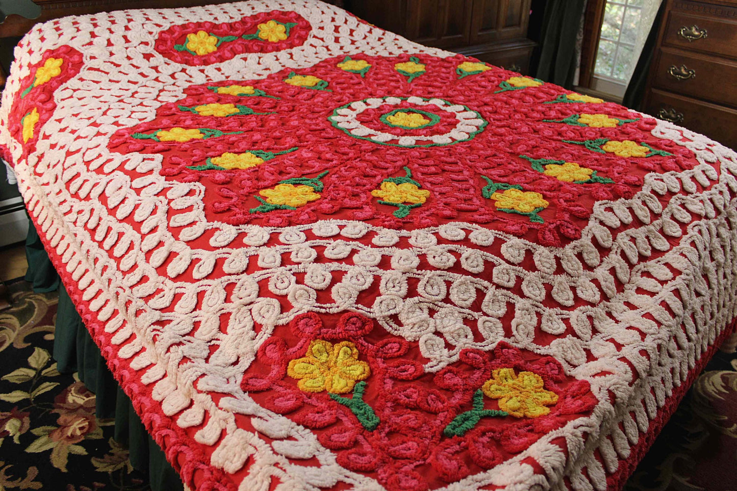 Flower Burst Chenille Bedspread, Vintage Midcentury Bedding in Sassy Bright Red with Hearts & Curlicues, FULL Size Bedding