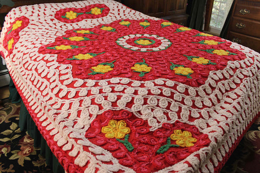 Flower Burst Chenille Bedspread, Vintage Midcentury Bedding in Sassy Bright Red with Hearts & Curlicues, FULL Size Bedding
