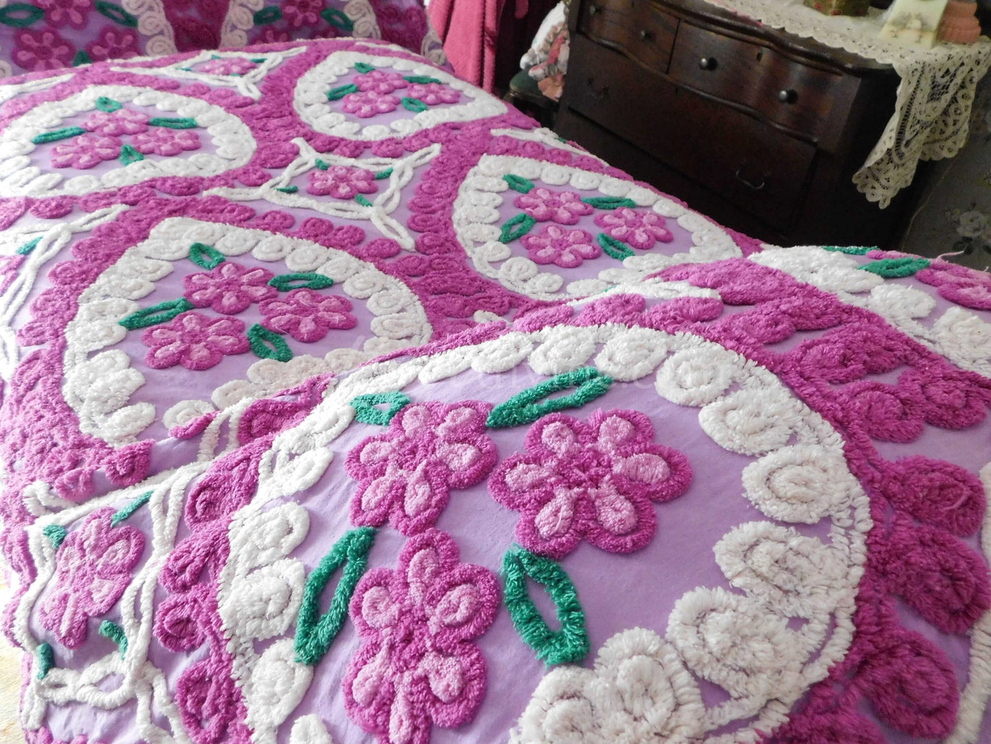 Vintage Chenille Bedspread, Lavender Hearts Hugging Flower Trios in Swirls of Fluffy Tufts, Full Size 1950s Midcentury Design, 100% Cotton