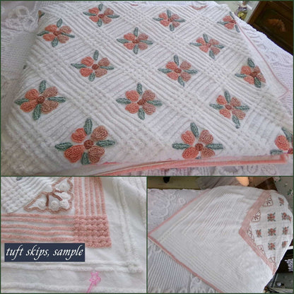 Cottage Life Vintage Chenille Bedspread, Flower Blooms on White Cotton, Full Size