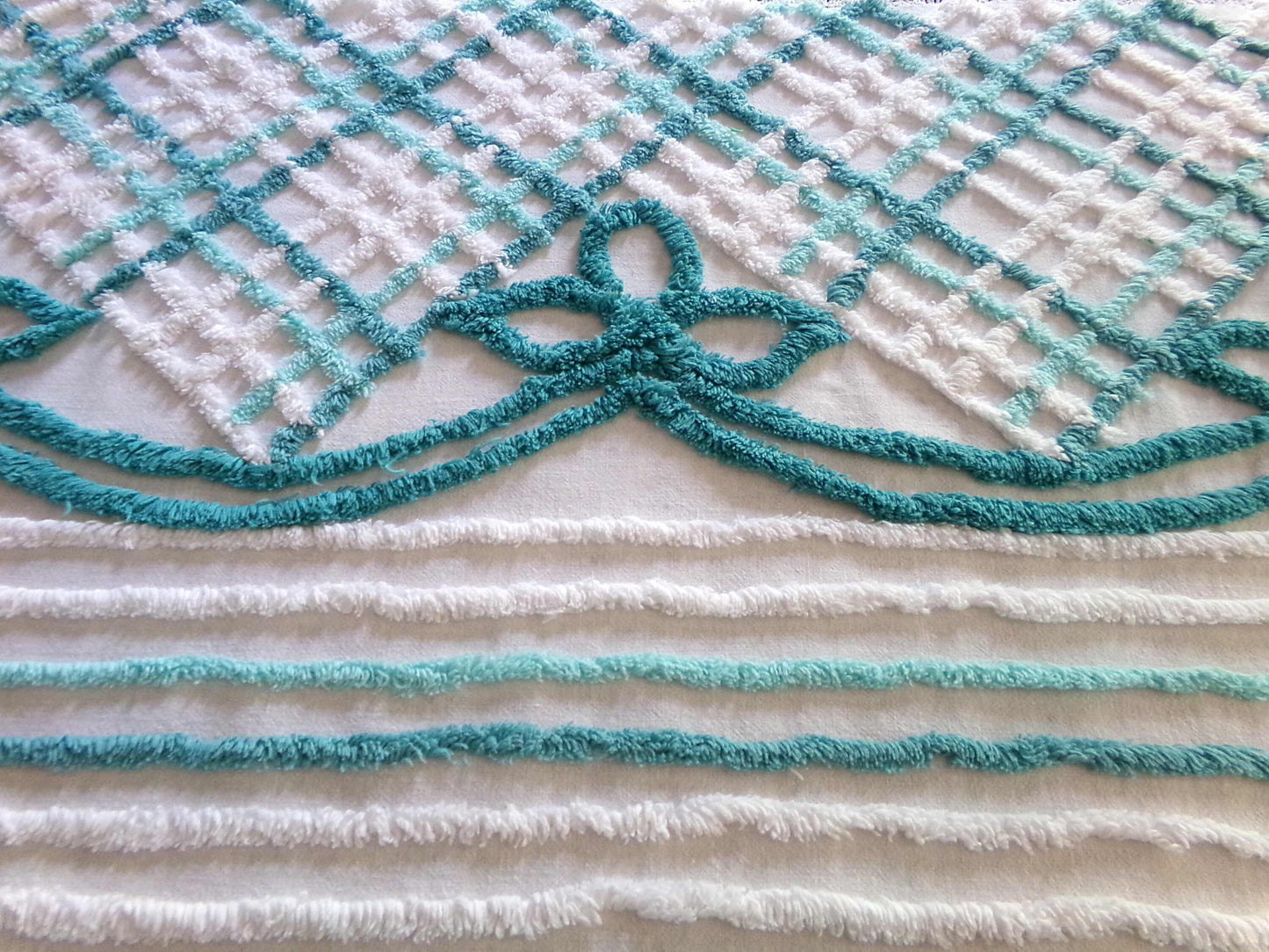 Cute Green Bows Vintage Chenille Fabric, 22" x 28" inch Piece, 100% Cotton, Midcentury Tonal Teal & White