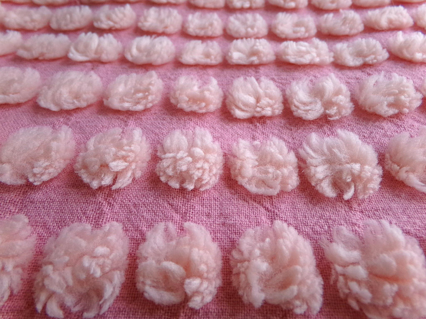 fluffy puff pops chenille fabric, sweet oversize bobbles on pink rose, 20" x 24" inch piece great for chenille quilts & sewing projects