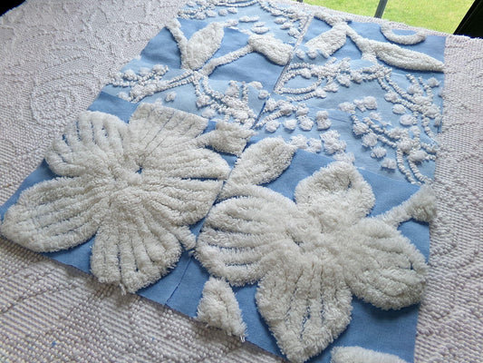coastal breeze chenille fabric squares, set of 8 vintage 7.5" quilt blocks, blue geometric, white floral for sewing, crafts, quilting
