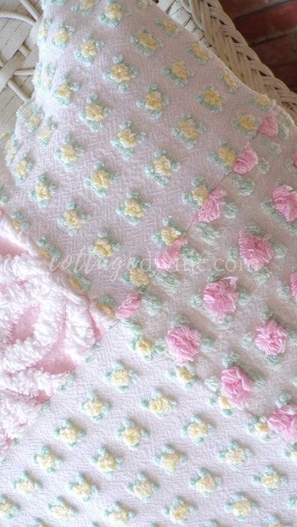Daisy Rose Cottage Chic Chenille Pillow Cover 16" x 16" inch Square, Vintage REVERSIBLE Accent Pillow, Pink & Yellow Patchwork Design