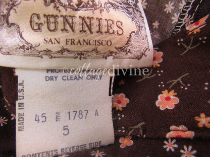 GUNNE SAX Prairie Skirt Velvet Front Chocolate Brown Calico Gunnies Vintage 1970s Maxi Skirt, XXS