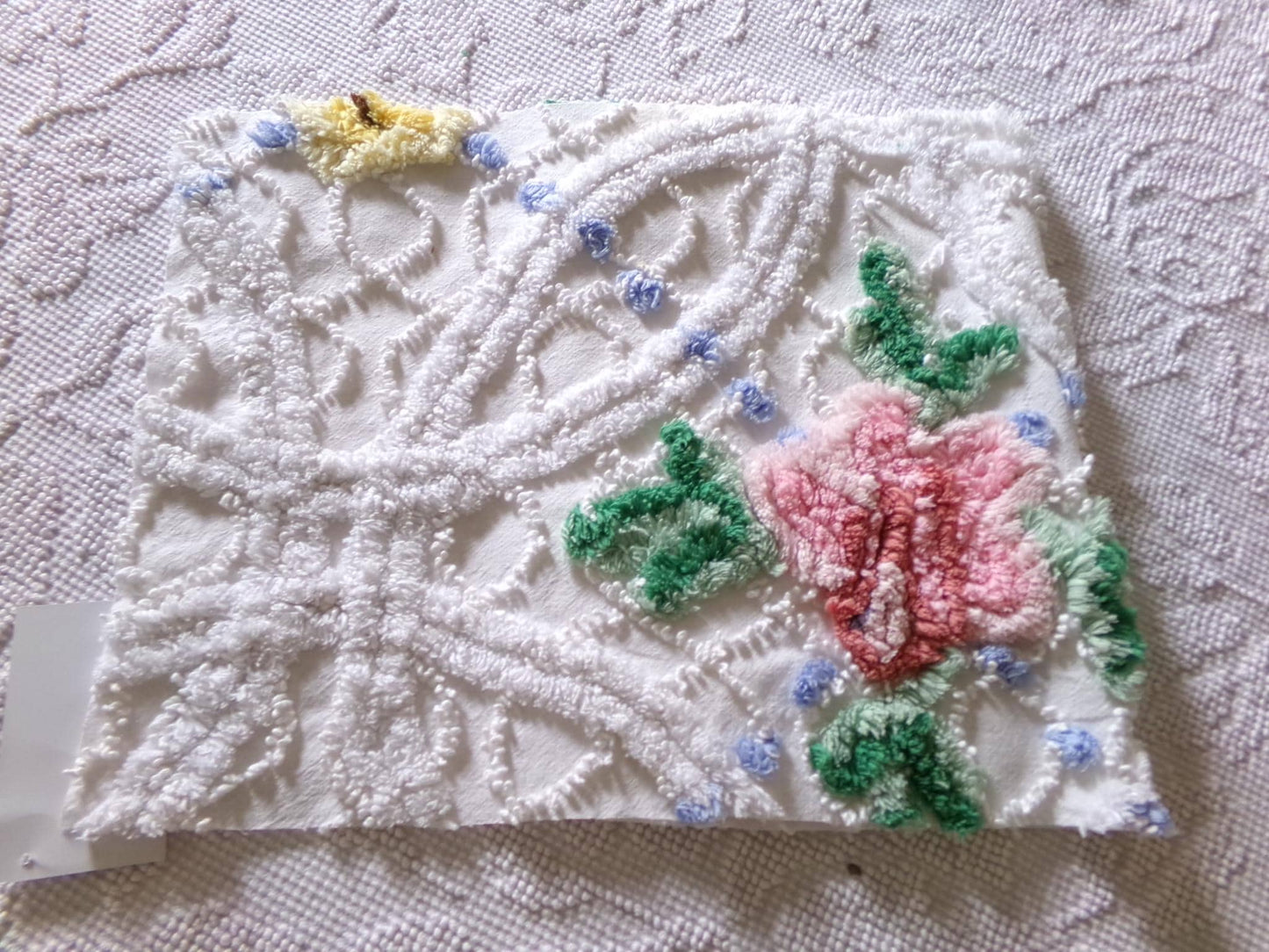 pretty pink rose fabric piece, vintage floral chenille cottage shabby sewing material, 11" x 22" inches