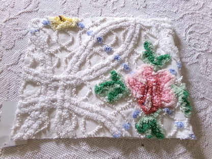 pretty pink rose fabric piece, vintage floral chenille cottage shabby sewing material, 11" x 22" inches
