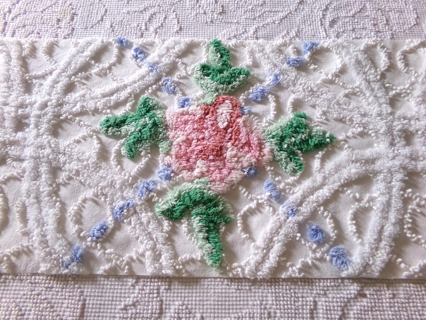 cute plush pink rose fabric piece, vintage tufted chenille cottage style sewing material, 10.5" x 22" inches
