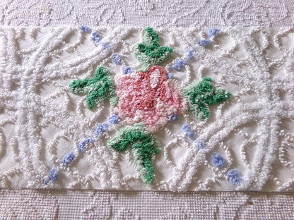 cute plush pink rose fabric piece, vintage tufted chenille cottage style sewing material, 10.5" x 22" inches