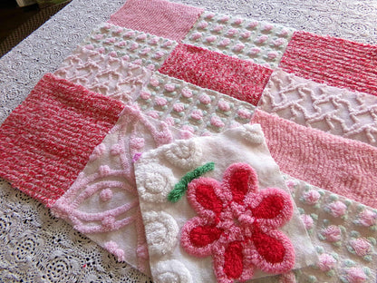 Sweet Kisses Chenille Fabric Squares Set in Pink, Red, White, 17 Blocks, 6" inch ea, Great Range of Textures & a Pretty Flower Block