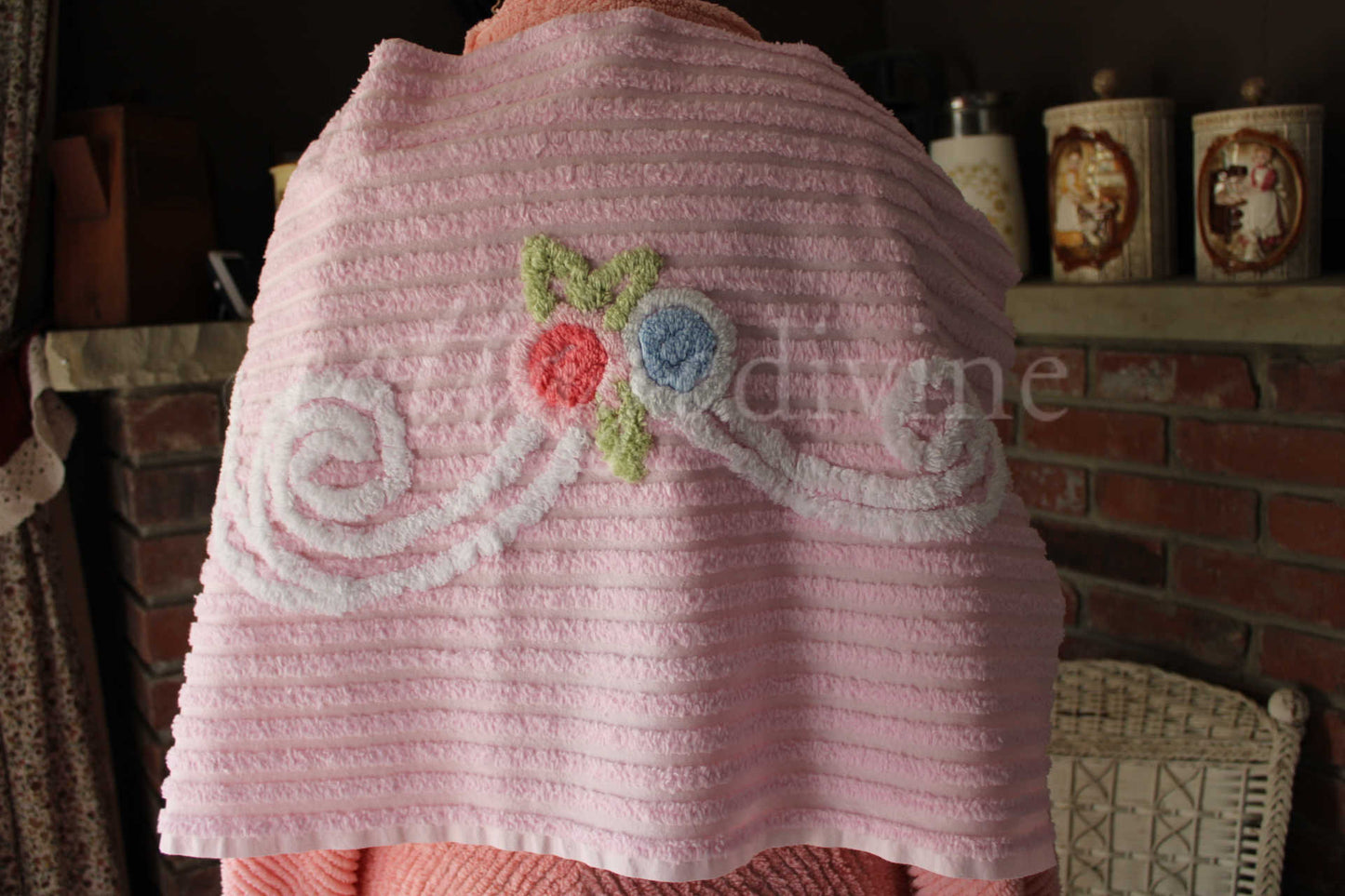 Simple Pink Floral Scroll Vintage White Chenille Fabric, 26" x 17" inch Piece, Great for Pillow Front