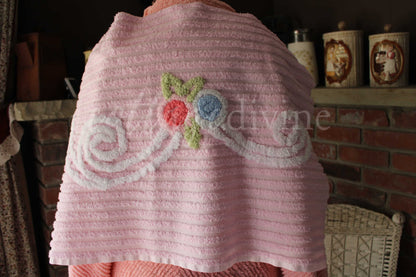 Simple Pink Floral Scroll Vintage White Chenille Fabric, 26" x 17" inch Piece, Great for Pillow Front