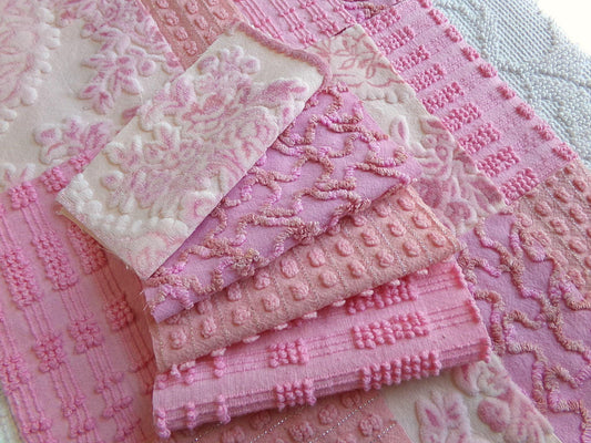 lux pink velvet & chenille fabric squares, set of 16 texturized vintage craft quilt blocks 6" inches for quilt inlays, pillows, fiber arts