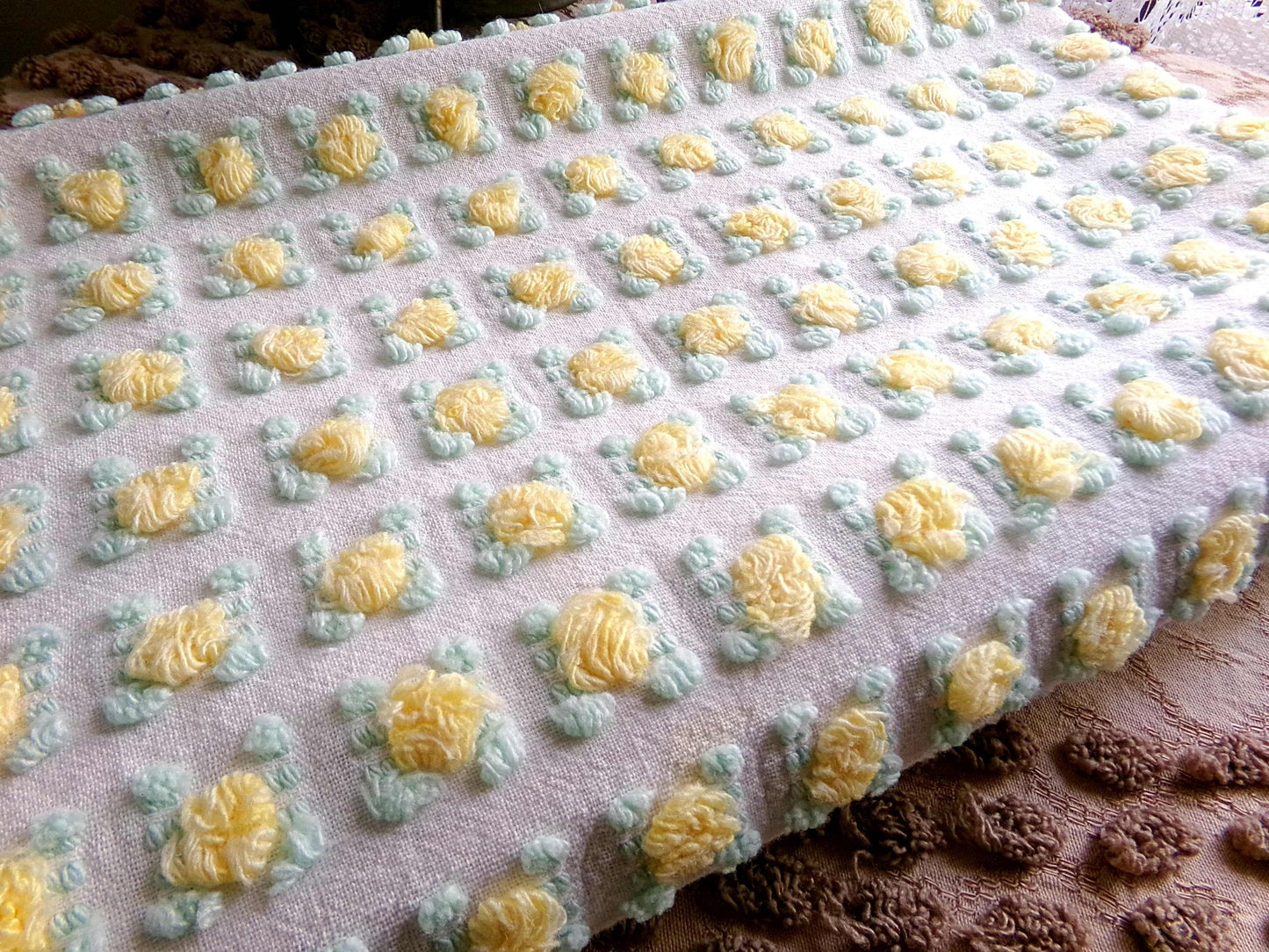 playful yellow rosebud vintage chenille fabric, cheerful lemon rose 18" x 24" inch piece of quilt fabric for sewing & crafts
