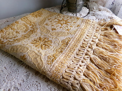 celestial gold matelasse woven tapestry fabric, silky shimmer fringe, 18" x 23" inch piece of vintage luxury sewing material