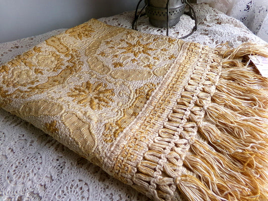 celestial gold matelasse woven tapestry fabric, silky shimmer fringe, 18" x 23" inch piece of vintage luxury sewing material