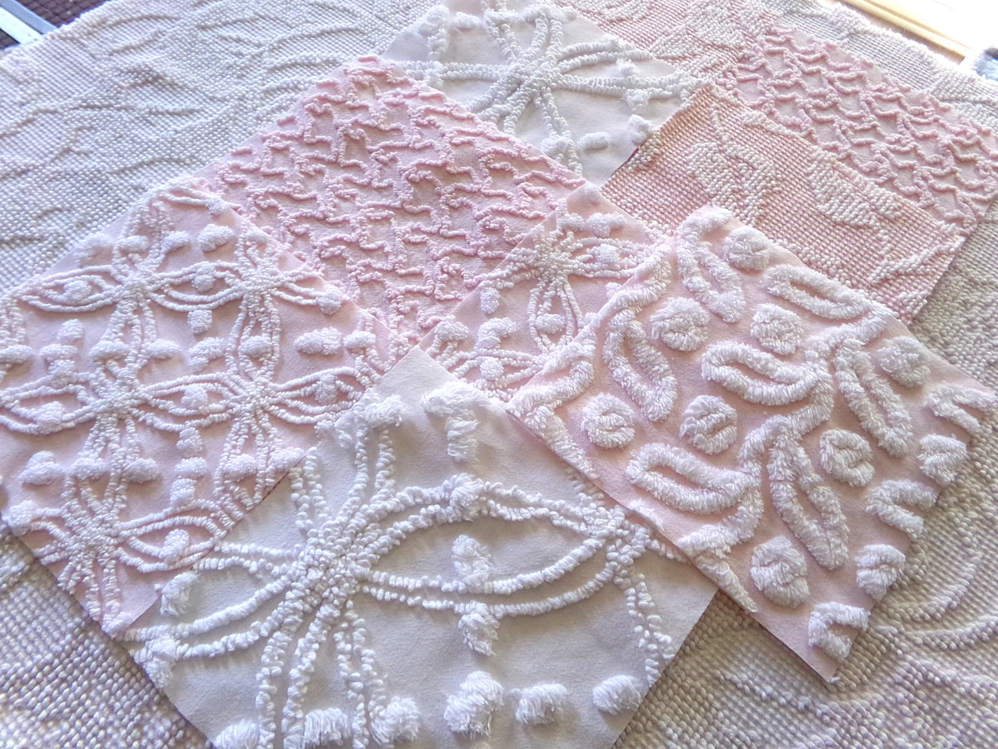 vintage chenille fabric squares in classic feminine pink & white textures, 7.5" vintage fabric blocks, set of 9 for sewing, crafts, quilts
