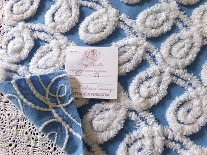 Teardrop Blue Floral Vintage Chenille Fabric, 20" x 21" Inch Piece, Great for Pillow Cover