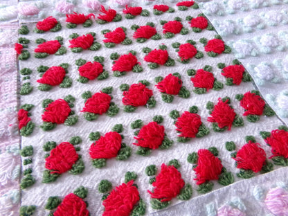 valentine rosebuds vintage chenille fabric squares, gorgeous medley of pink, red, white roses, set of 16 quilt blocks, 6" x 6" inch