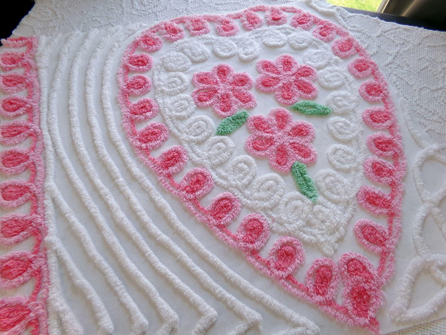pink heart vintage chenille fabric, shabby cute rose trio on white, 24" x 23" piece of sewing material for pillows, quilts, wall hanging