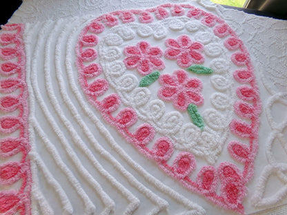 pink heart vintage chenille fabric, shabby cute rose trio on white, 24" x 23" piece of sewing material for pillows, quilts, wall hanging