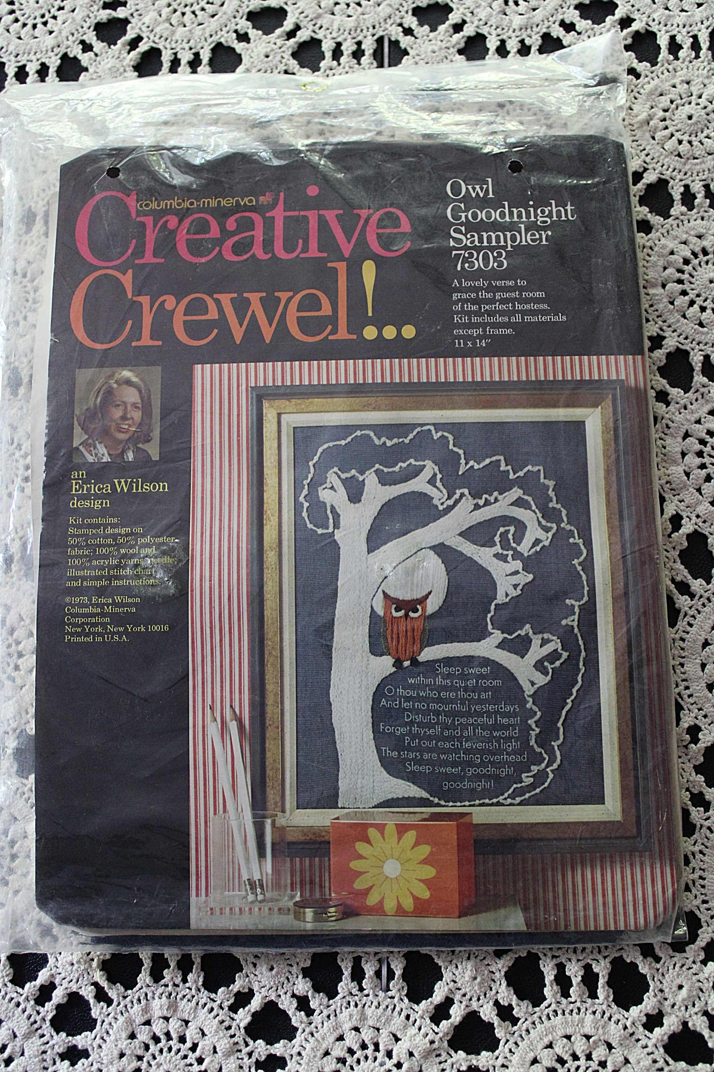 OWL GOODNIGHT Sampler ~ 1973 Erica Wilson Design, Vintage Columbia Minerva Creative CREWEL Embroidery Kit # 7303 ~ Cute Poem