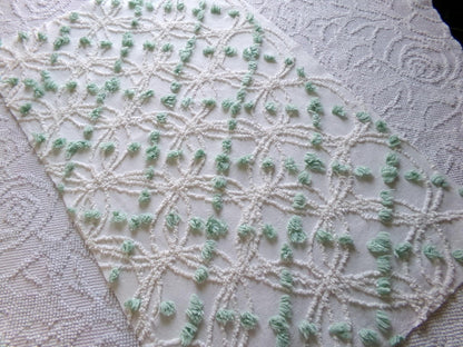 Breezy White Vintage Chenille Fabric, 15" x 25" Piece, Needletuft Wedding Rings with Mint Green Pops