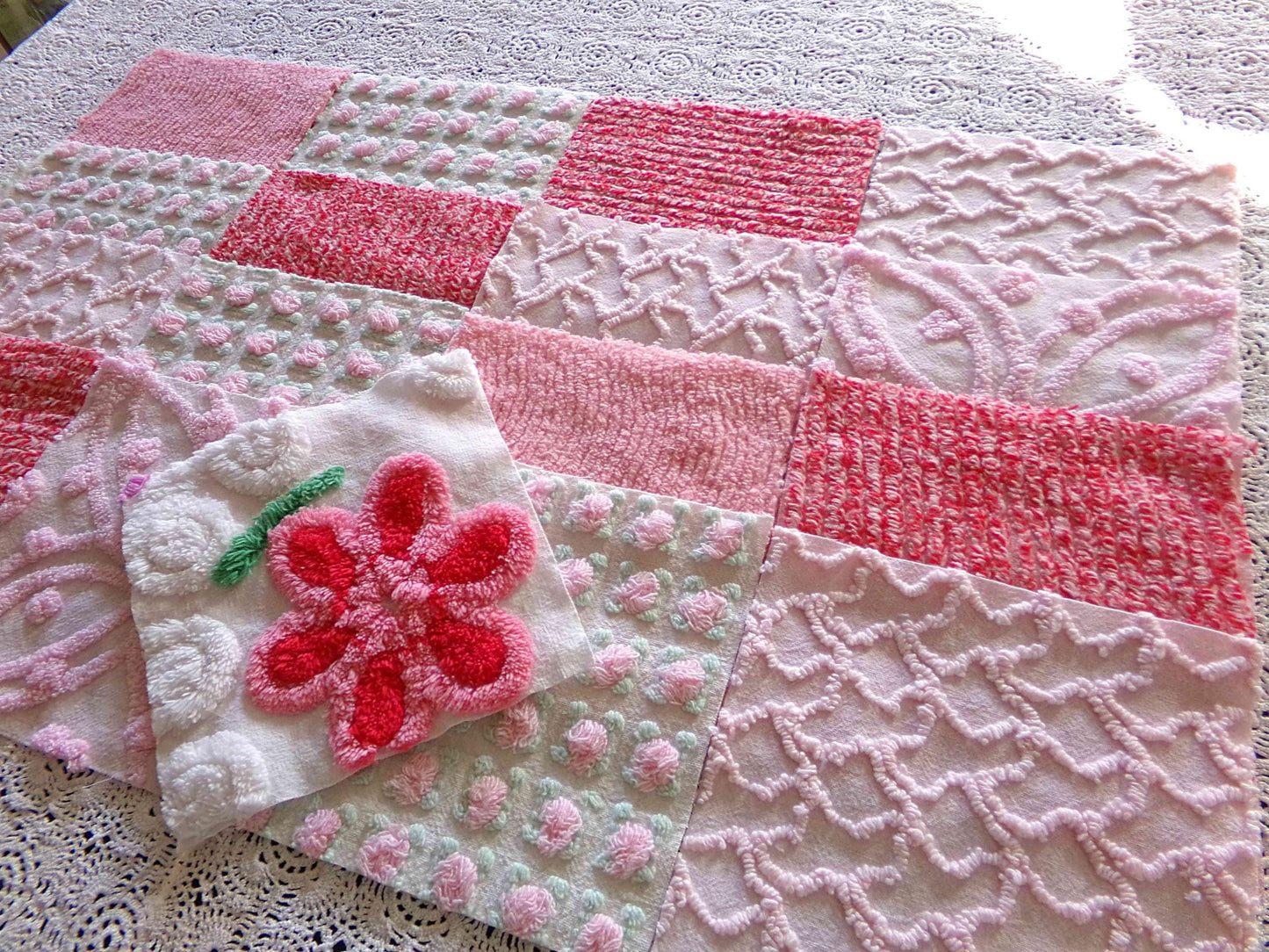 Sweet Kisses Chenille Fabric Squares Set in Pink, Red, White, 17 Blocks, 6" inch ea, Great Range of Textures & a Pretty Flower Block