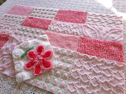 Sweet Kisses Chenille Fabric Squares Set in Pink, Red, White, 17 Blocks, 6" inch ea, Great Range of Textures & a Pretty Flower Block