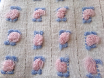 pink rosebud vintage chenille fabric, 20" x 24" inch cut piece of quilt material with tufted roses, blue leaves & shimmer silver lurex