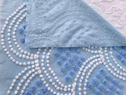 mermaid tails vintage chenille fabric, 25" x 24" inch piece in beautiful blue & white scallop pops design