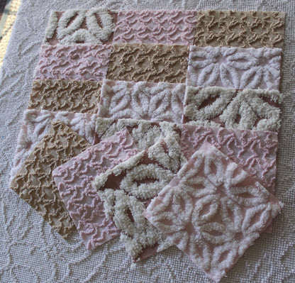 modern mocha pinks chenille fabric squares, set of 16 vintage quilt blocks 6" inches ea, daisy & squiggle texture