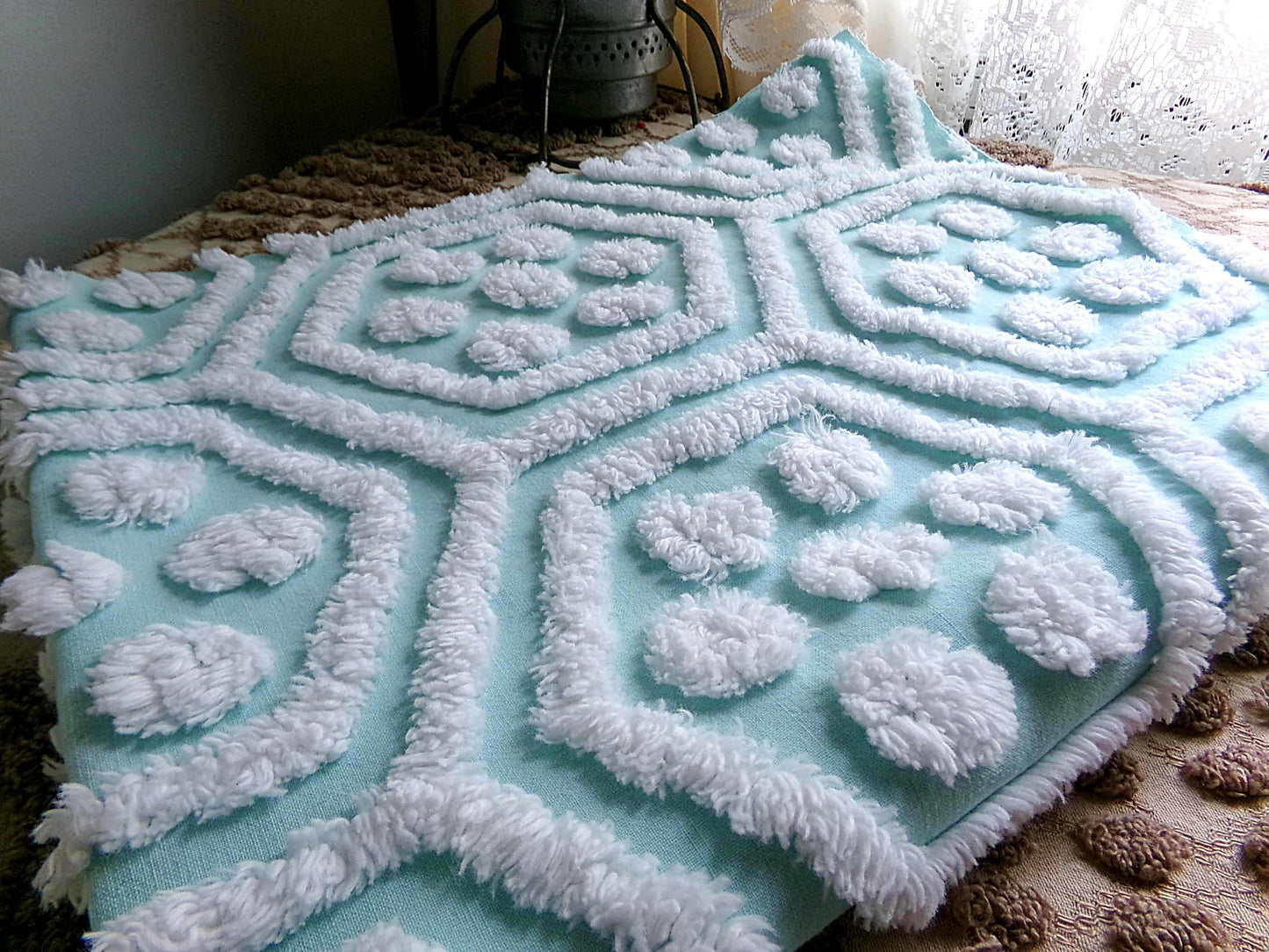 Plush Puffs Vintage Chenille Fabric, 20" x 25" Inch Aqua & White Piece, Rare Geometric Hexagon Design by Hofmann Textiles