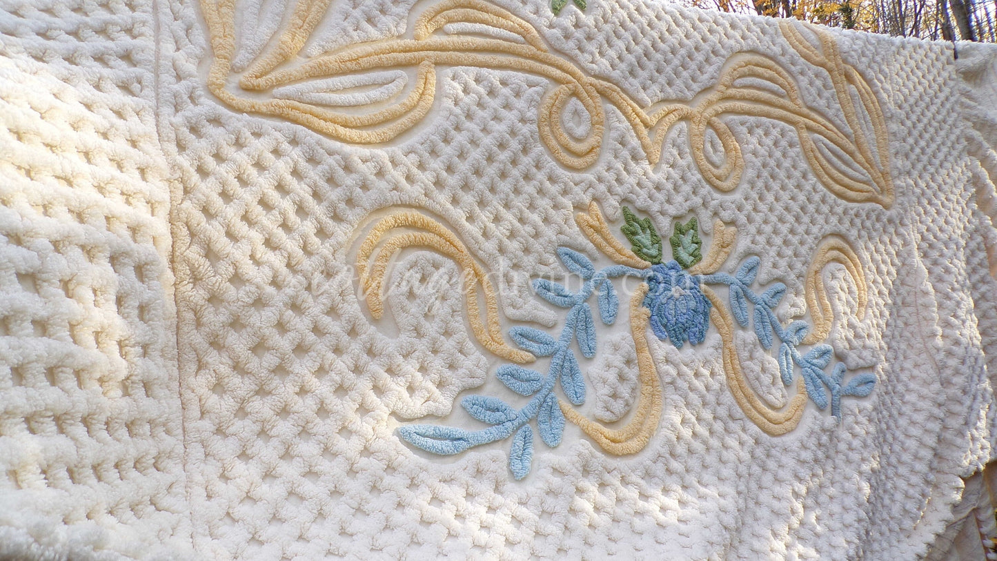 Luxury Buttercream Vintage Chenille Bedspread in Heirloom Garden Wildflowers, Full Size Boxed Fit Design with Ruffle Skirt