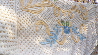 Luxury Buttercream Vintage Chenille Bedspread in Heirloom Garden Wildflowers, Full Size Boxed Fit Design with Ruffle Skirt