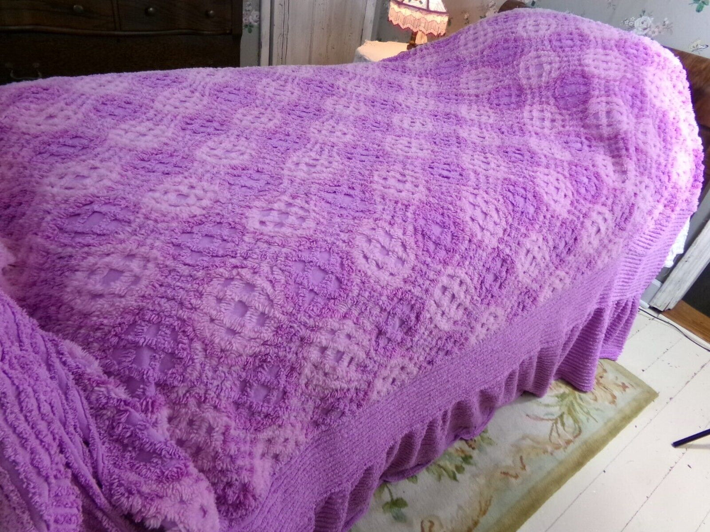 Webbed Optic Vintage Chenille Bedspread Fantasy Unicorn Color Full Sz Boxed & Fitted