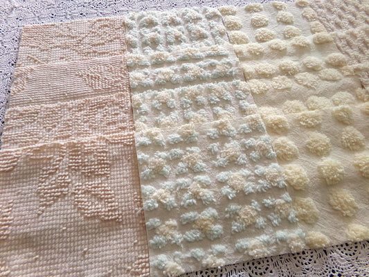 warm neutrals chenille fabric squares, set of 16 vintage quilt blocks 6" each in old fashioned golden colors, diamond lattice, rosebud, dots