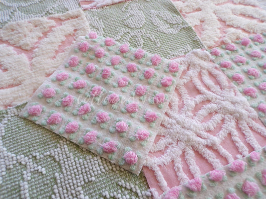 vintage 6" chenille fabric squares, set of 16 quilt blocks in rose bloom pink, sage green & white geometric and floral prints