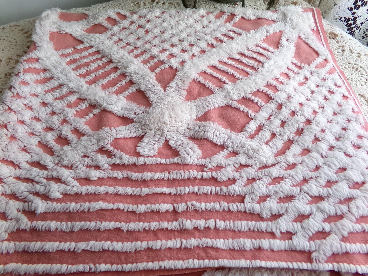 Unique Terracotta Rose Vintage Chenille Fabric, 29" x 27" Inch Piece, White Geometric Designs