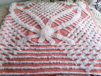 Unique Terracotta Rose Vintage Chenille Fabric, 29" x 27" Inch Piece, White Geometric Designs
