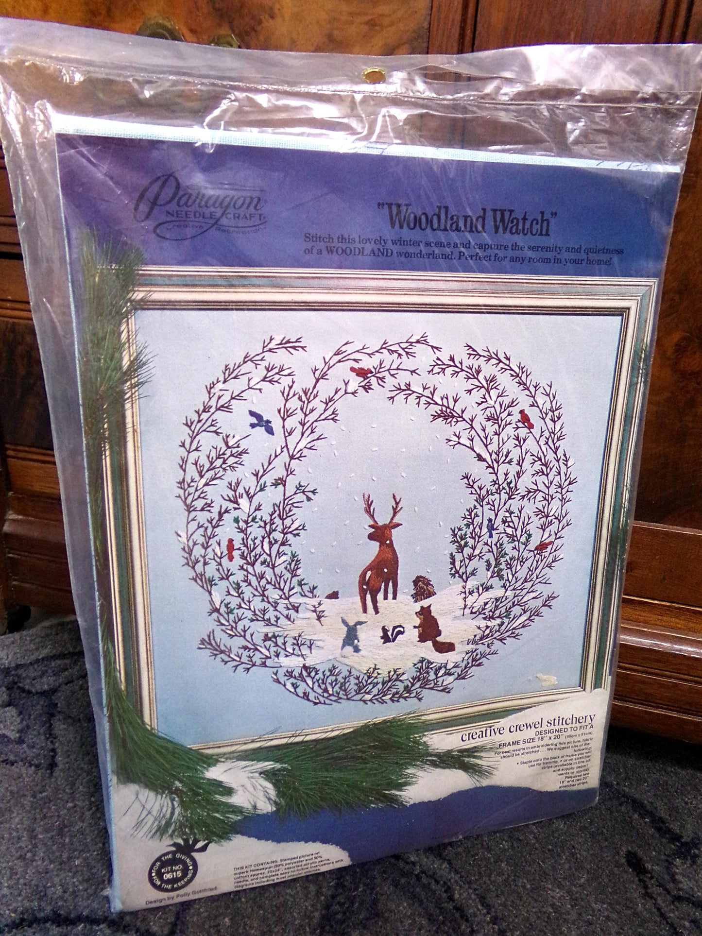 WOODLAND WATCH Whimsical Crewel Embroidery Kit, Paragon Needlecraft 0615, Winter Wonderland Nature Scene Stitchery, Polly Gottfried Design
