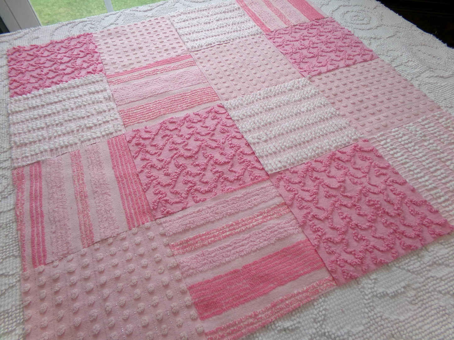 partytime pinks vintage chenille fabric squares, set of 16 fun 6" quilt blocks for quilting, sewing, crafts