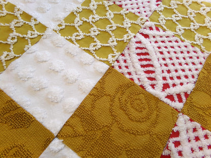 Vintage Chenille Fabric Squares - Set of 16 - Sporty Gold, White & Red - 6" Quilt Blocks