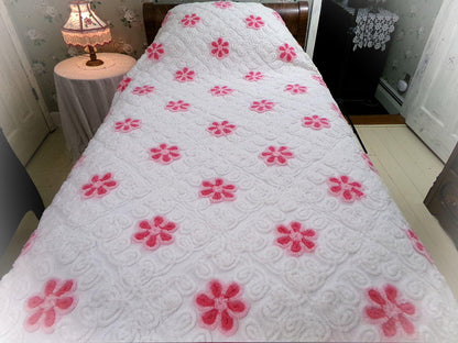 whimsical wonderland vintage chenille bedspread, pink roses in snowy white plush swirls, full size cotton bedding
