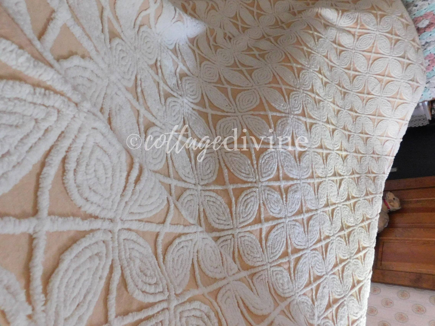 Spectacular Peach Bliss Large Floral Hofmann Vintage Chenille Bedspread, Full